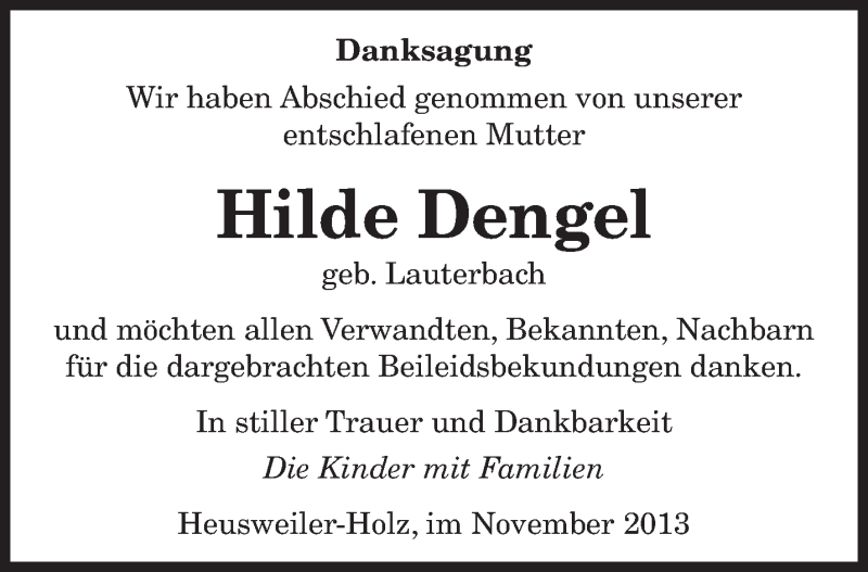  Traueranzeige für Hilde Dengel vom 30.11.2013 aus saarbruecker_zeitung