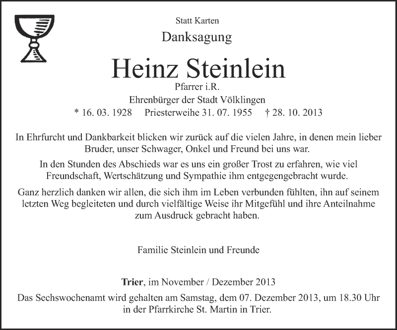  Traueranzeige für Heinz Steinlein vom 30.11.2013 aus saarbruecker_zeitung