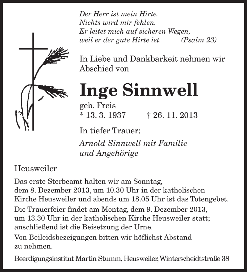  Traueranzeige für Inge Sinnwell vom 04.12.2013 aus saarbruecker_zeitung
