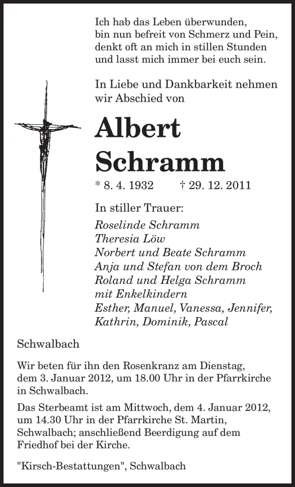  Traueranzeige für Albert Schramm vom 31.12.2011 aus SAARBRÜCKER ZEITUNG