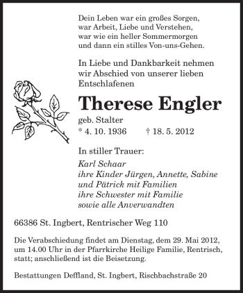 Traueranzeige von Therese Engler von SAARBRÜCKER ZEITUNG