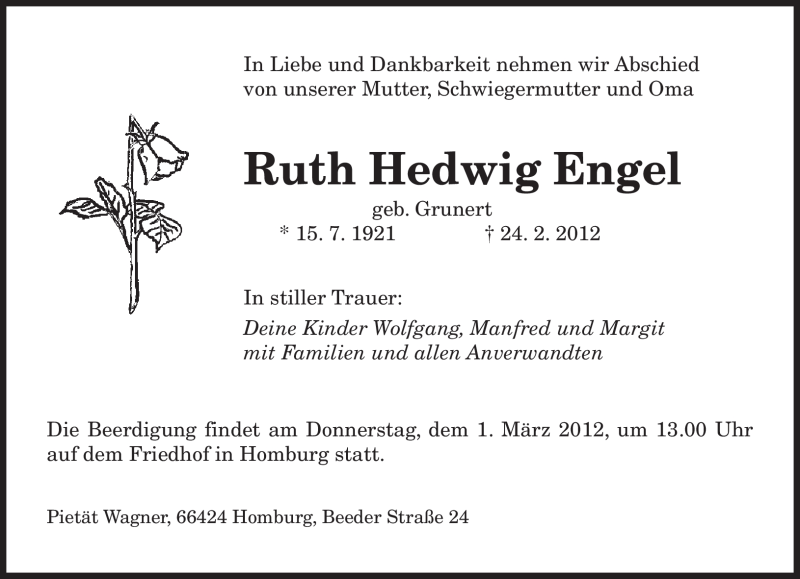  Traueranzeige für Ruth Hedwig Engel vom 29.02.2012 aus SAARBRÜCKER ZEITUNG