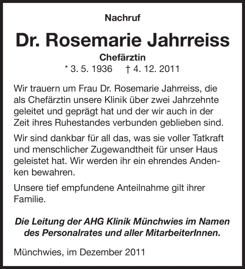  Traueranzeige für Rosemarie Jahrreiss vom 10.12.2011 aus SAARBRÜCKER ZEITUNG