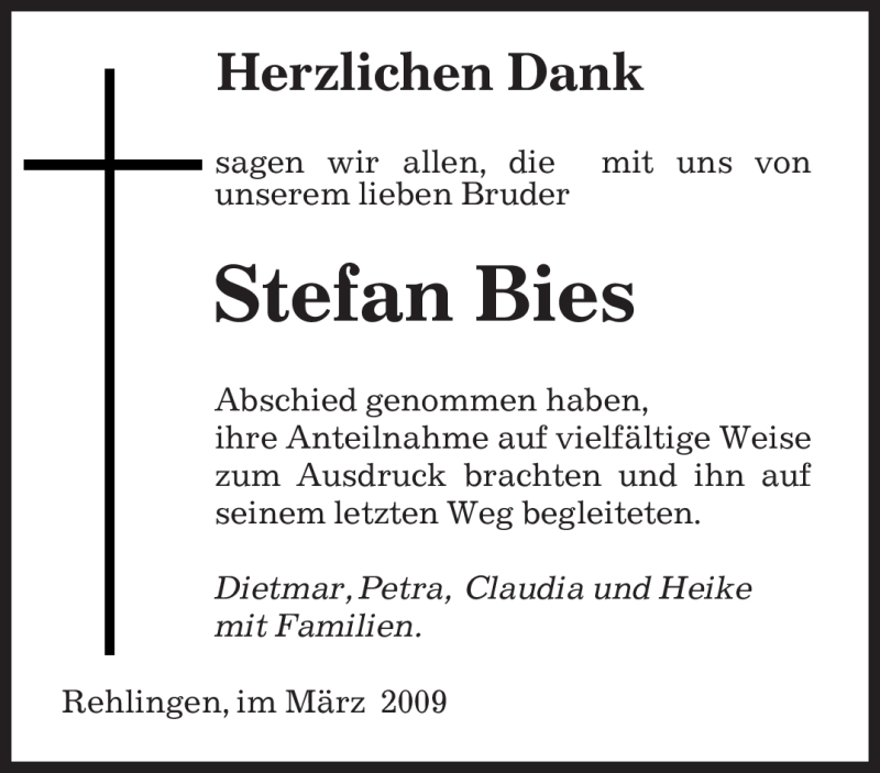  Traueranzeige für Stefan Bies vom 21.03.2009 aus SAARBRÜCKER ZEITUNG