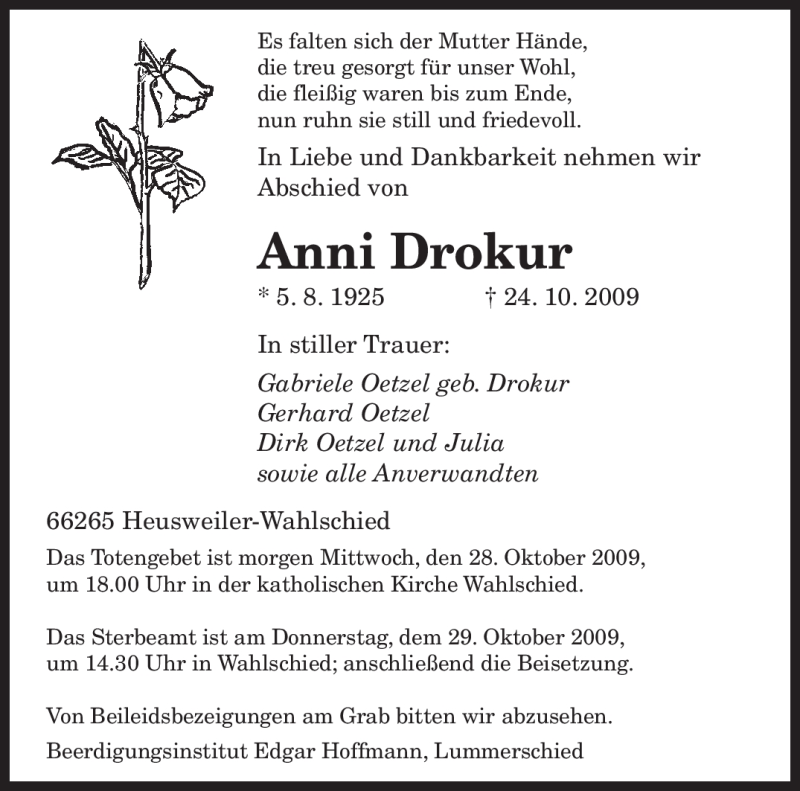  Traueranzeige für Anni Drokur vom 27.10.2009 aus SAARBRÜCKER ZEITUNG