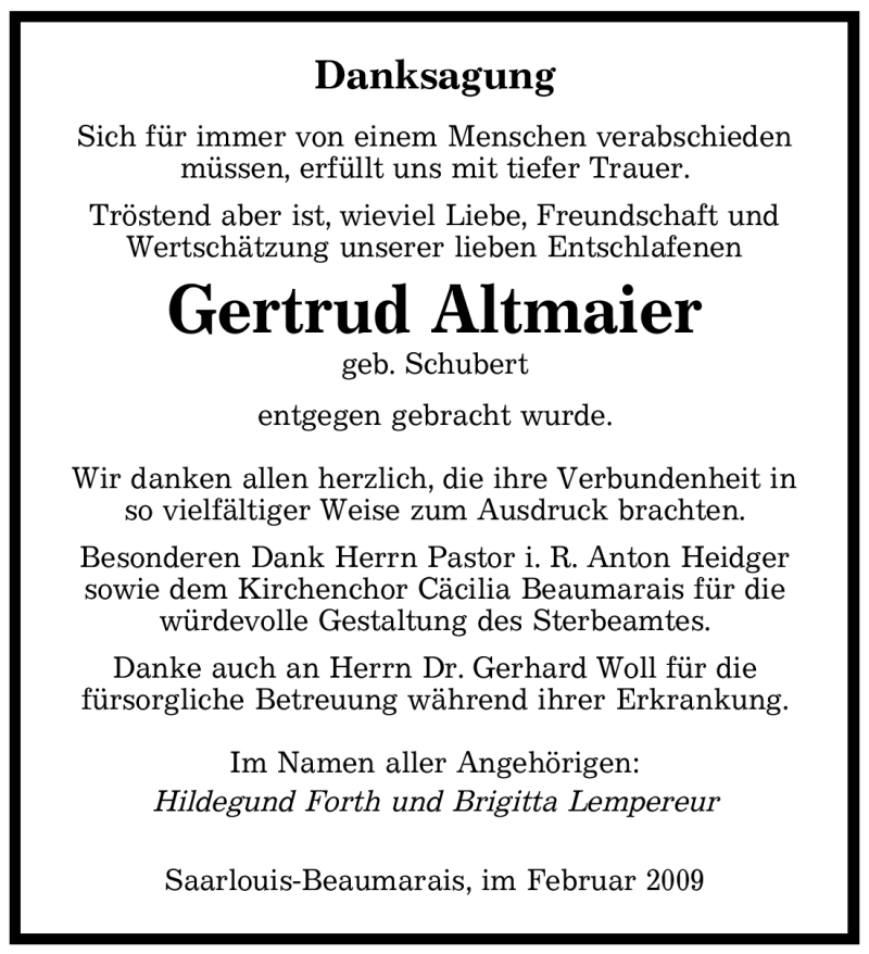  Traueranzeige für Gertrud Altmaier vom 28.02.2009 aus SAARBRÜCKER ZEITUNG