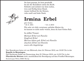 Traueranzeige von Irmina Erbel von SAARBRÜCKER ZEITUNG