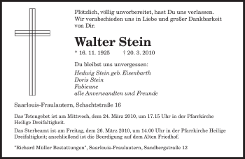 Traueranzeige von Walter Stein von SAARBRÜCKER ZEITUNG