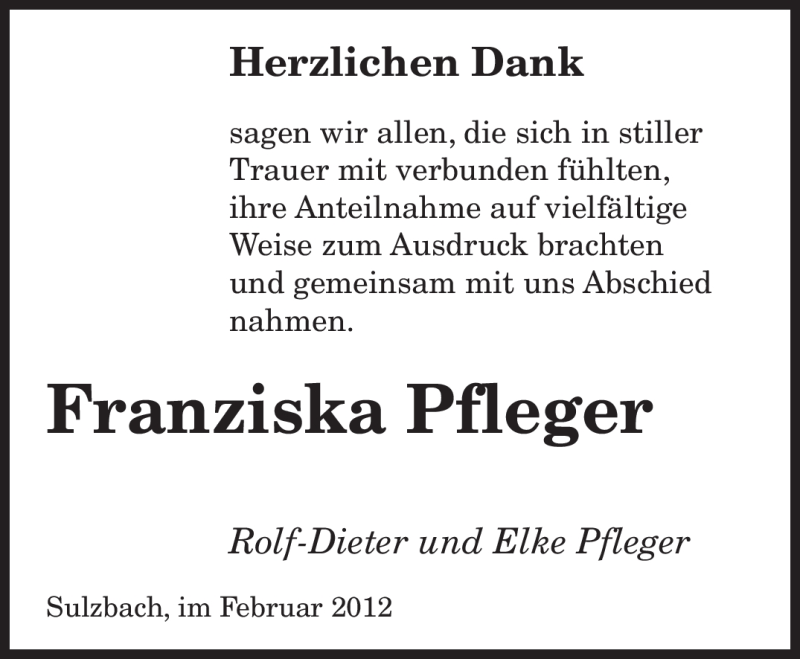  Traueranzeige für Franziska Pfleger vom 18.02.2012 aus SAARBRÜCKER ZEITUNG