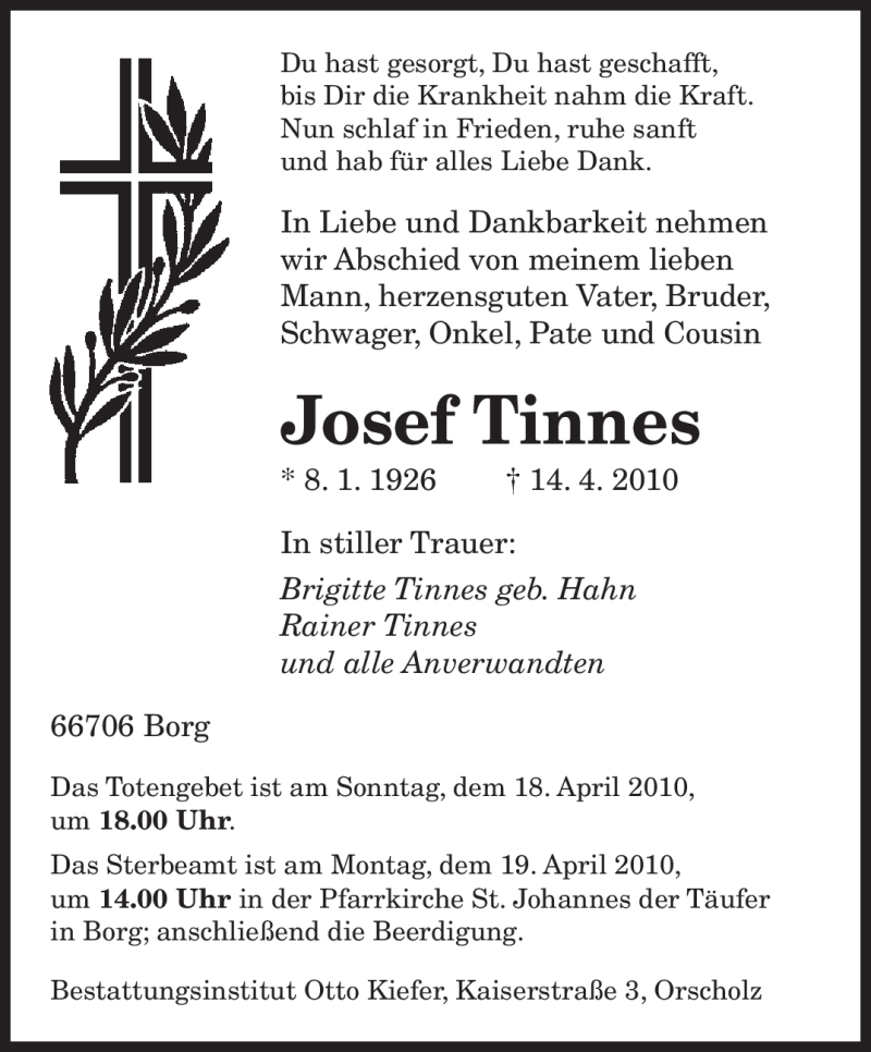 Traueranzeigen Von Josef Tinnes | Saarbruecker-Zeitung.Trauer.de