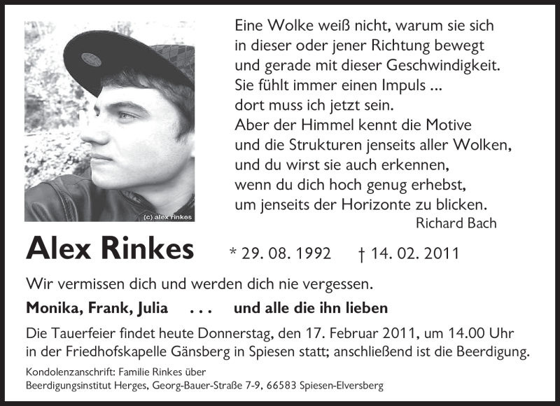  Traueranzeige für Alex Rinkes vom 17.02.2011 aus SAARBRÜCKER ZEITUNG