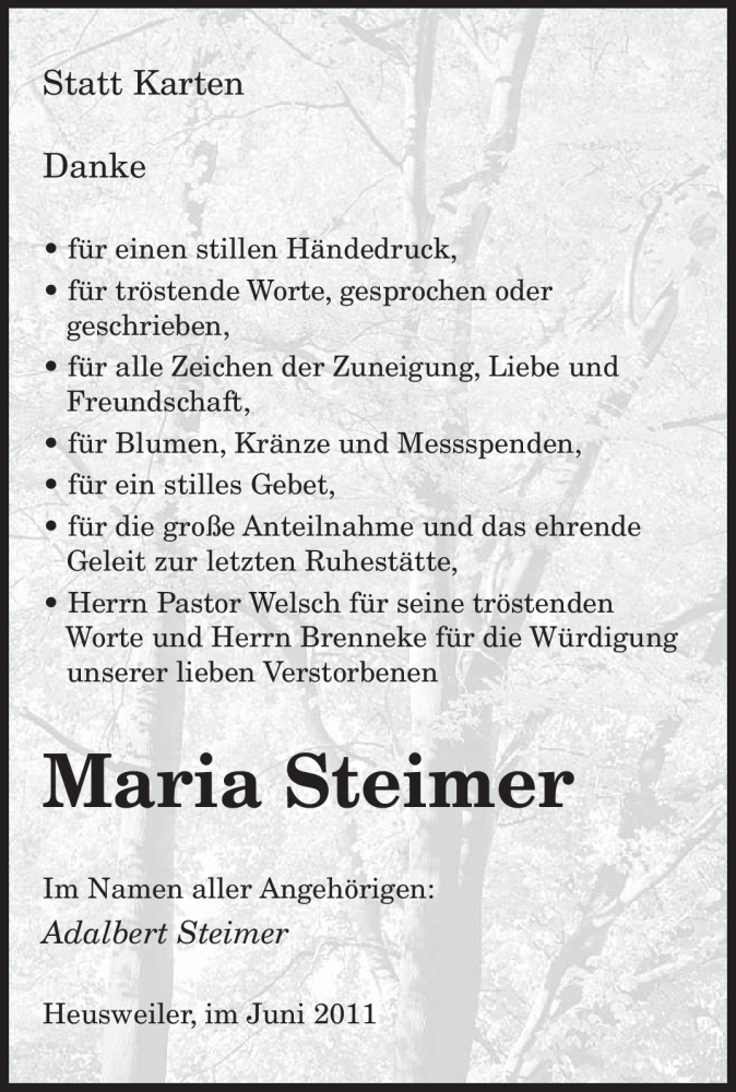  Traueranzeige für Maria Steimer vom 18.06.2011 aus SAARBRÜCKER ZEITUNG