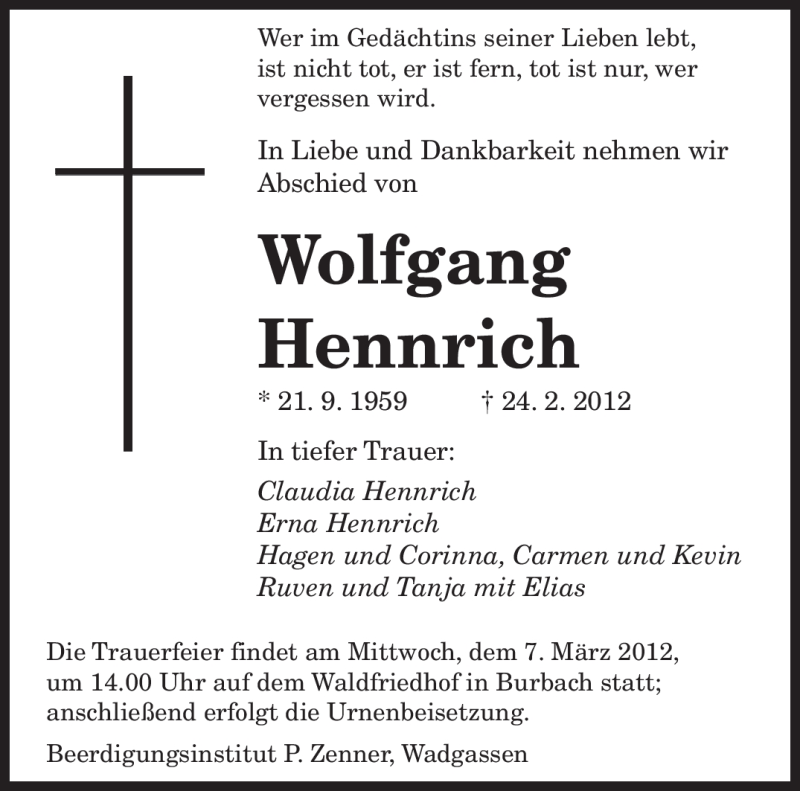  Traueranzeige für Wolfgang Hennrich vom 03.03.2012 aus SAARBRÜCKER ZEITUNG