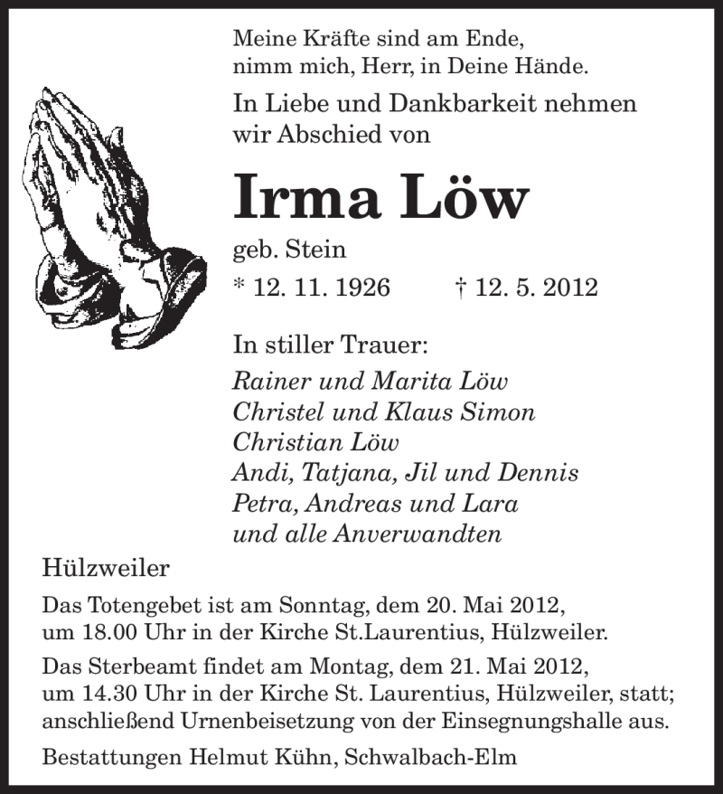  Traueranzeige für Irma Löw vom 19.05.2012 aus SAARBRÜCKER ZEITUNG