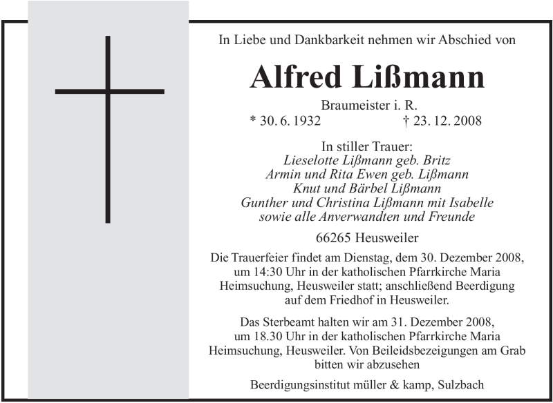  Traueranzeige für Alfred Lißmann vom 27.12.2008 aus SAARBRÜCKER ZEITUNG