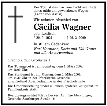 Traueranzeige von Ccilia Wagner von SAARBRÜCKER ZEITUNG