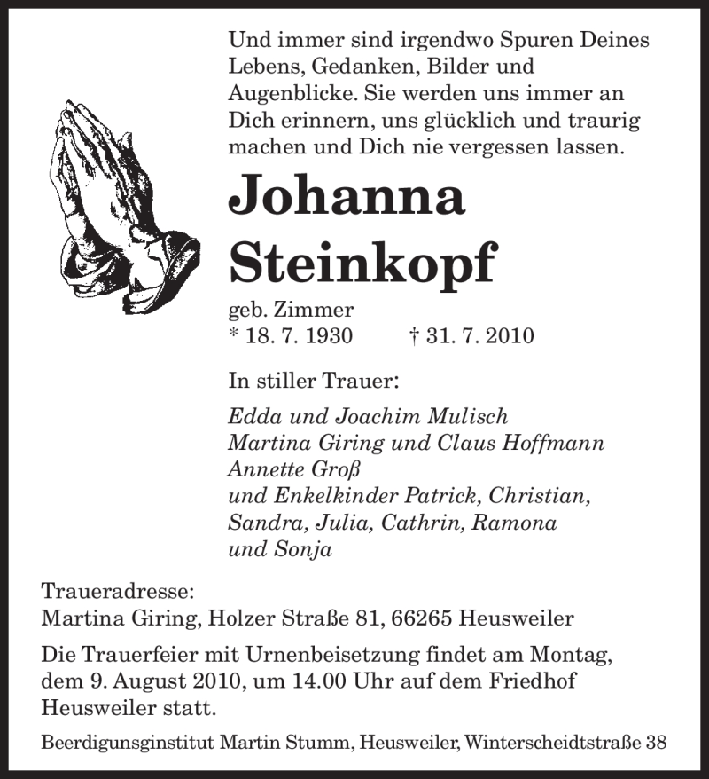  Traueranzeige für Johanna Steinkopf vom 04.08.2010 aus SAARBRÜCKER ZEITUNG