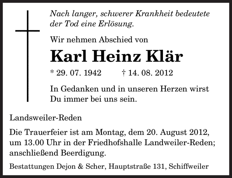 Traueranzeigen Von Karl Heinz Kl R Saarbruecker Zeitung Trauer De