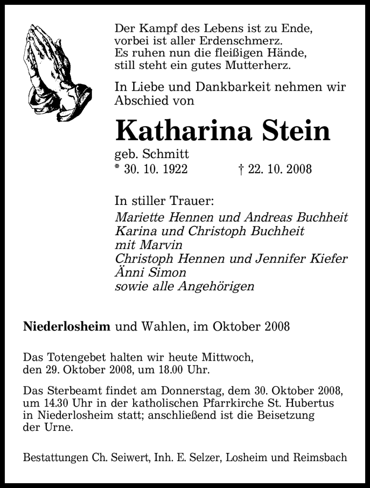  Traueranzeige für Katharina Stein vom 29.10.2008 aus SAARBRÜCKER ZEITUNG
