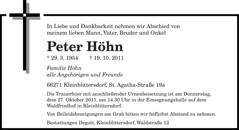  Traueranzeige für Peter Höhn vom 22.10.2011 aus SAARBRÜCKER ZEITUNG