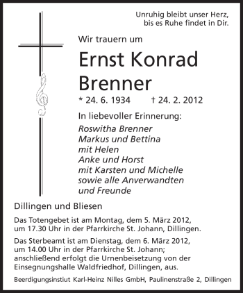 Traueranzeige von Ernst Konrad Brenner von SAARBRÜCKER ZEITUNG