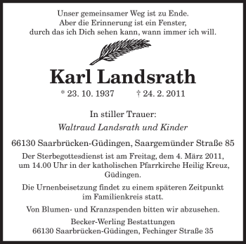 Traueranzeige von Karl Landsrath von SAARBRÜCKER ZEITUNG