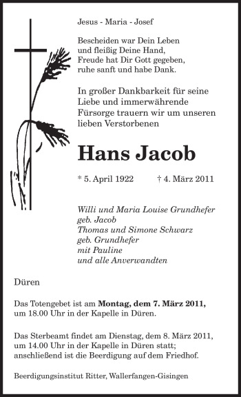 Traueranzeige von Hans Jacob von SAARBRÜCKER ZEITUNG