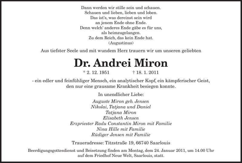  Traueranzeige für Andrei Miron vom 22.01.2011 aus SAARBRÜCKER ZEITUNG