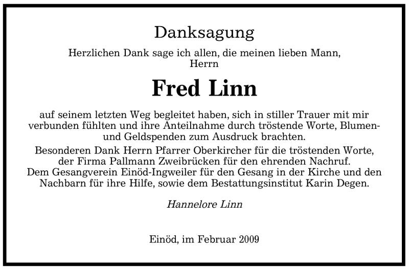 Traueranzeige für Fred Linn vom 28.02.2009 aus SAARBRÜCKER ZEITUNG