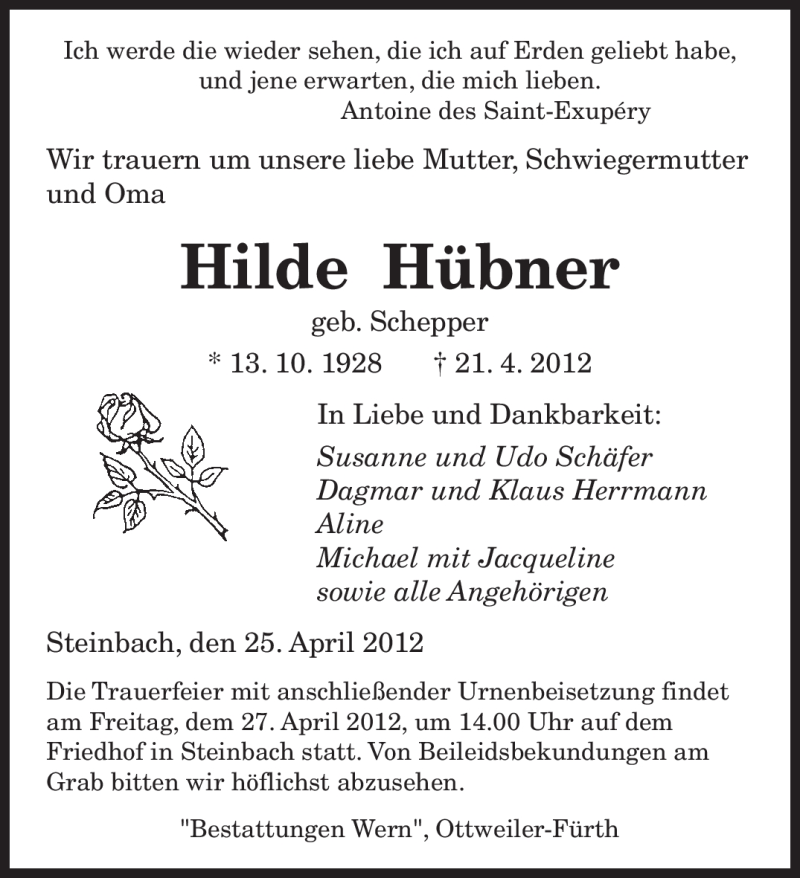  Traueranzeige für Hilde Hübner vom 25.04.2012 aus SAARBRÜCKER ZEITUNG