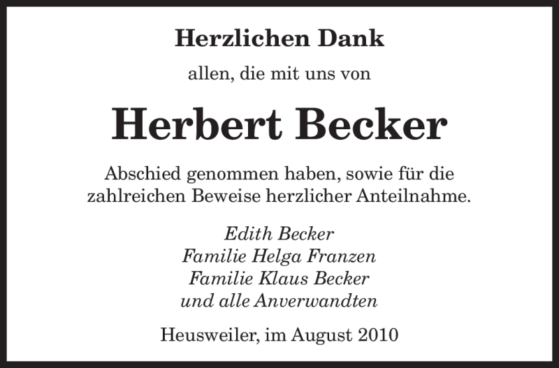  Traueranzeige für Herbert Becker vom 10.08.2010 aus SAARBRÜCKER ZEITUNG