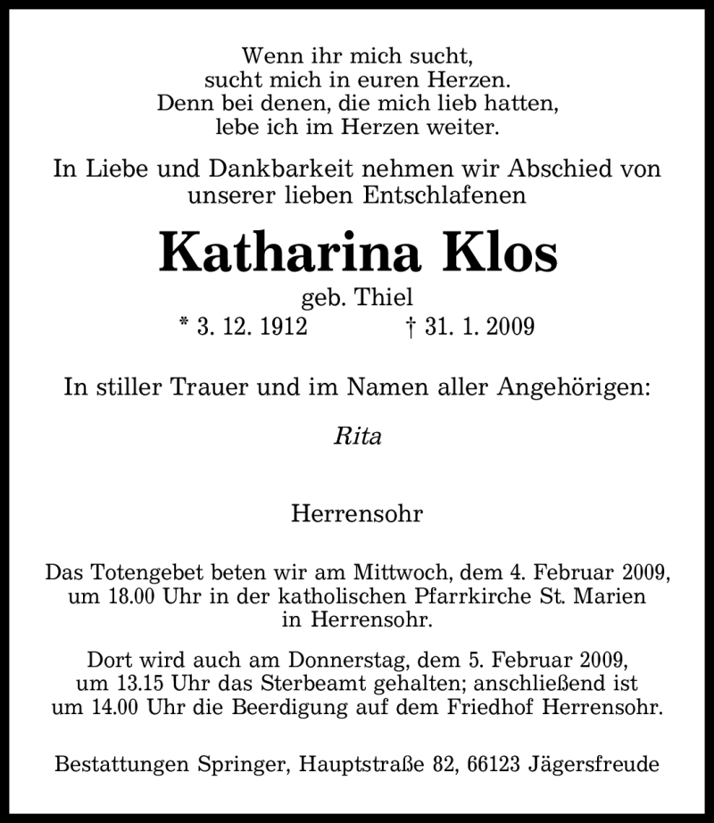  Traueranzeige für Katharina Klos vom 03.02.2009 aus SAARBRÜCKER ZEITUNG