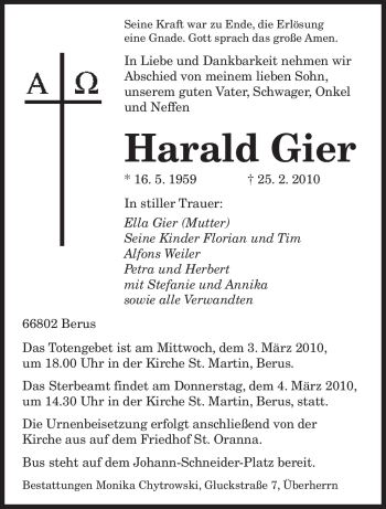 Traueranzeige von Harald Gier von SAARBRÜCKER ZEITUNG