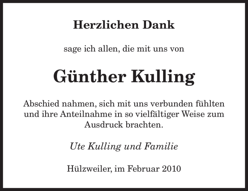  Traueranzeige für Günther Kulling vom 13.02.2010 aus SAARBRÜCKER ZEITUNG