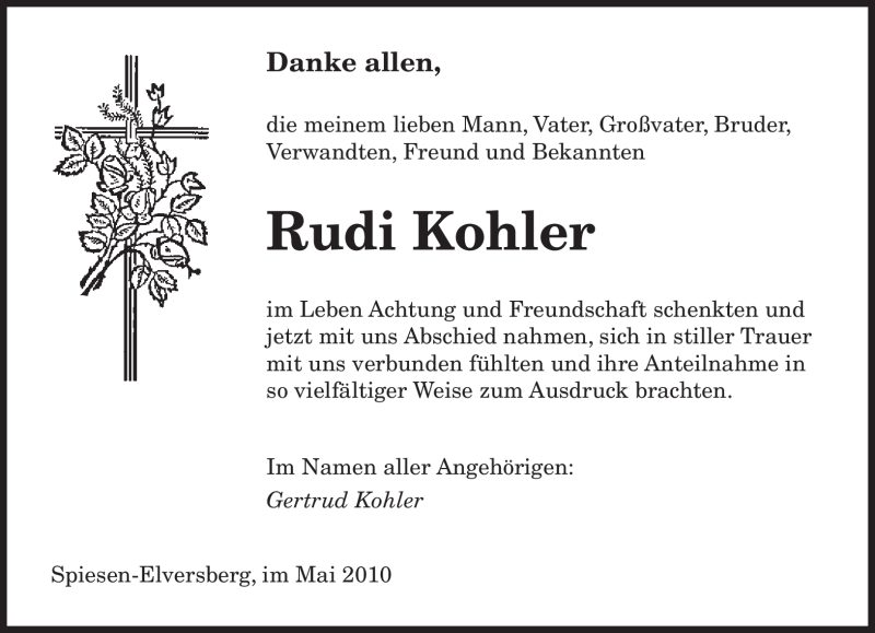  Traueranzeige für Rudi Kohler vom 29.05.2010 aus SAARBRÜCKER ZEITUNG