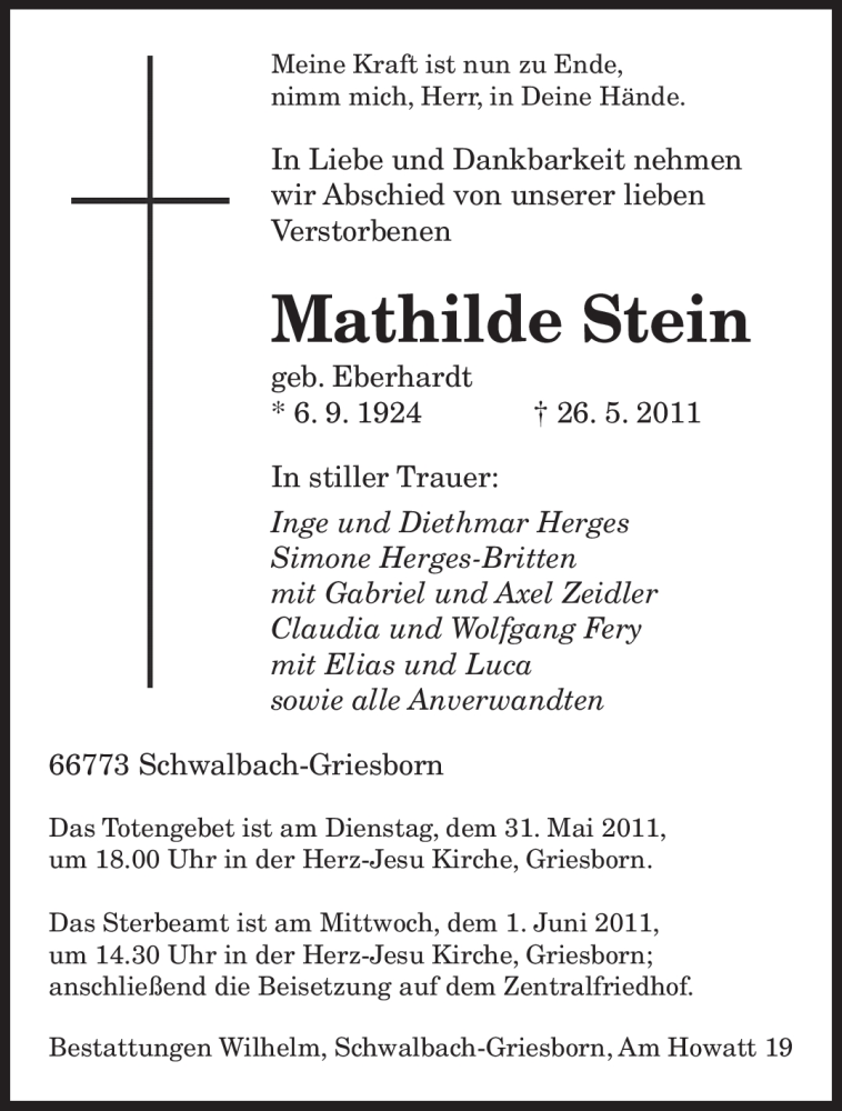  Traueranzeige für Mathilde Stein vom 30.05.2011 aus SAARBRÜCKER ZEITUNG