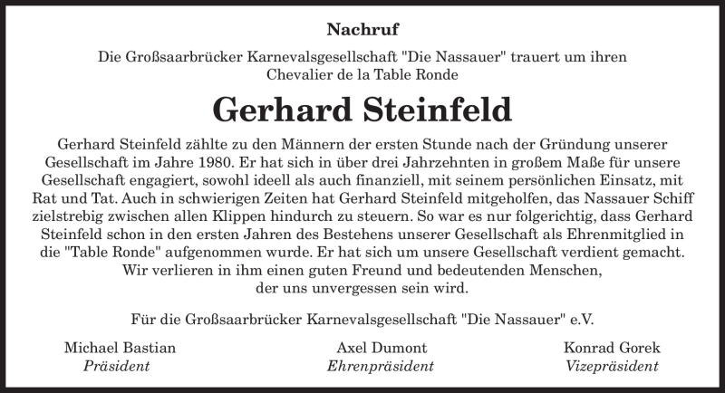  Traueranzeige für Gerhard Steinfeld vom 10.07.2012 aus SAARBRÜCKER ZEITUNG