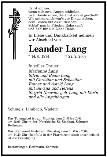 Traueranzeige von Leander Lang von SAARBRÜCKER ZEITUNG