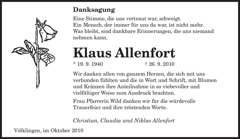  Traueranzeige für Klaus Allenfort vom 16.10.2010 aus SAARBRÜCKER ZEITUNG