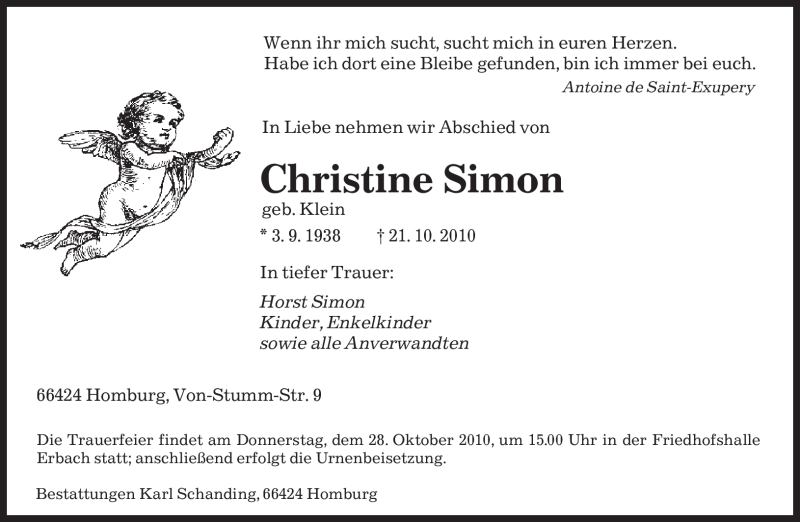  Traueranzeige für Christine Simon vom 25.10.2010 aus SAARBRÜCKER ZEITUNG