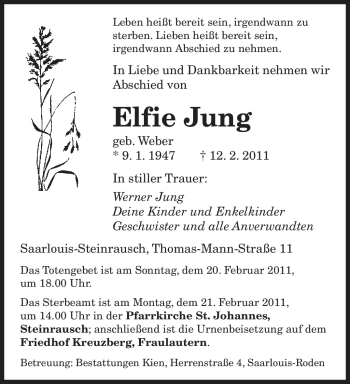 Traueranzeige von Elfie Jung von SAARBRÜCKER ZEITUNG