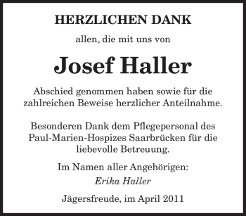 Traueranzeige von Josef Haller von SAARBRÜCKER ZEITUNG