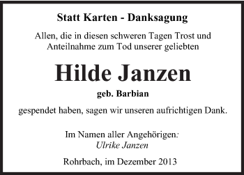 Traueranzeige von Hilde Janzen von saarbruecker_zeitung