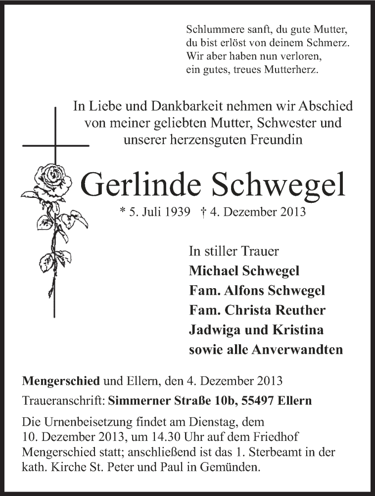  Traueranzeige für Gerlinde Schwegel vom 07.12.2013 aus saarbruecker_zeitung