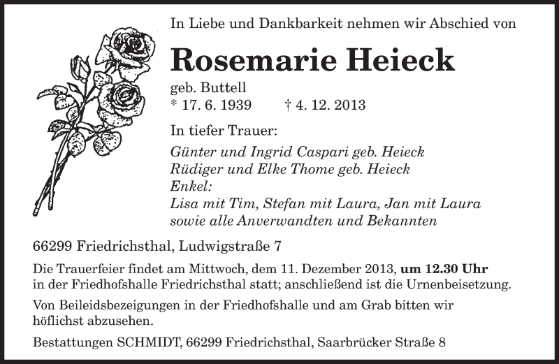  Traueranzeige für Rosemarie Heieck vom 07.12.2013 aus saarbruecker_zeitung