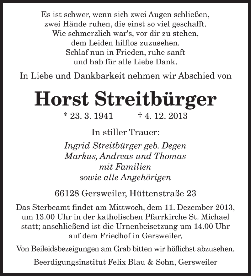  Traueranzeige für Horst Streitbürger vom 07.12.2013 aus saarbruecker_zeitung