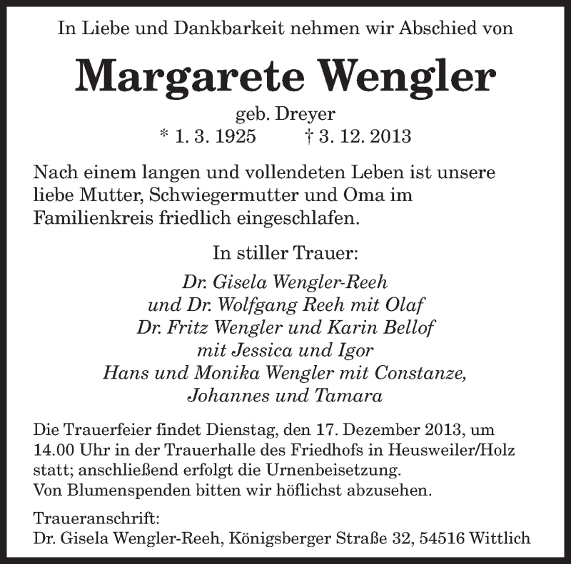  Traueranzeige für Margarete Wengler vom 07.12.2013 aus saarbruecker_zeitung