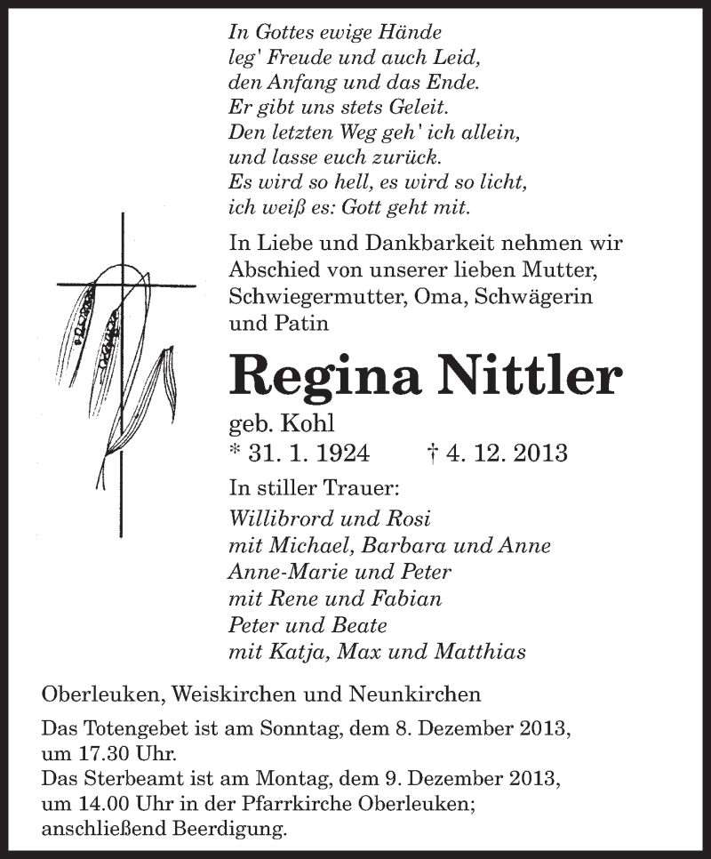  Traueranzeige für Regina Nittler vom 07.12.2013 aus saarbruecker_zeitung