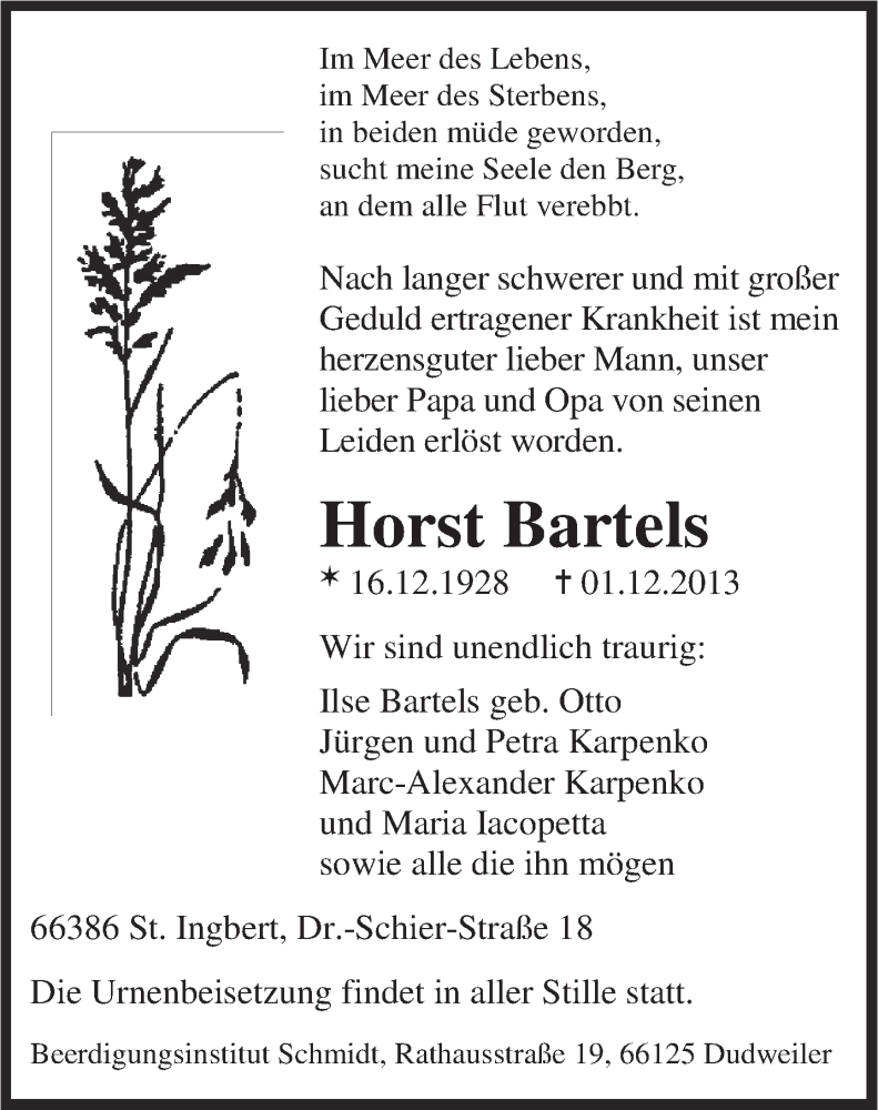  Traueranzeige für Horst Bartels vom 07.12.2013 aus saarbruecker_zeitung