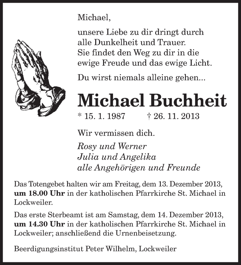  Traueranzeige für Michael Buchheit vom 11.12.2013 aus saarbruecker_zeitung